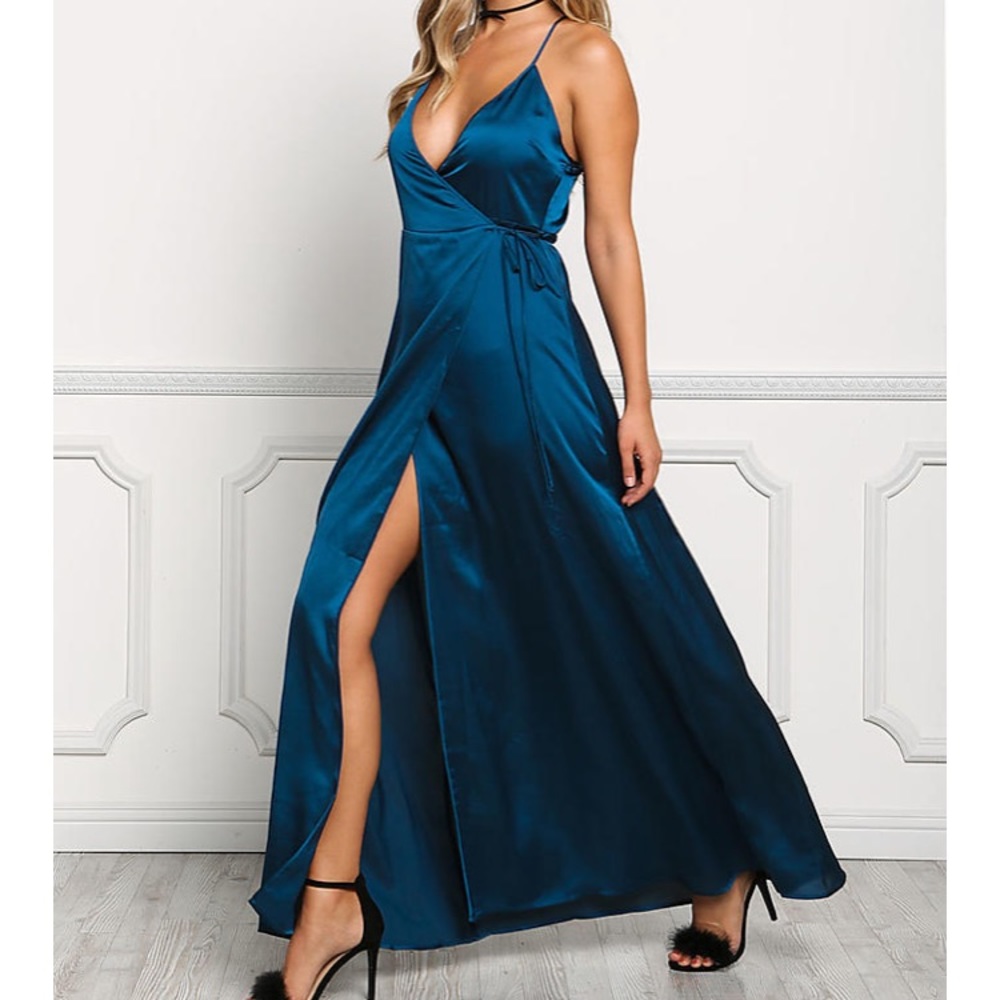 Modlook29 Satin Wrap Maxi Dress, Teal Blue, Size S